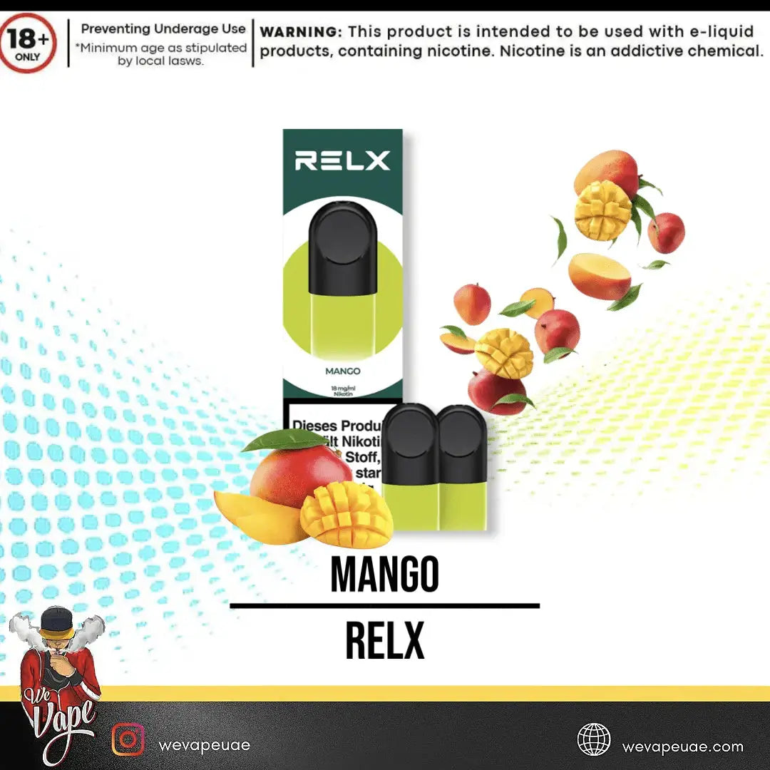 RELX Mango vape device packaging with fruit illustrations on a colorful background. ORDER NOW AND GET FREE DELIVERY.