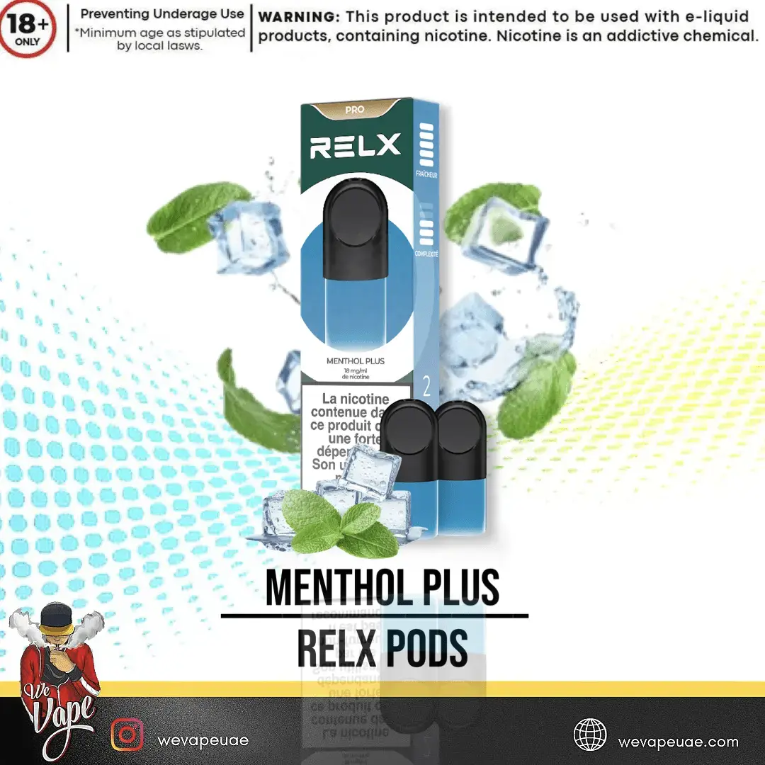 RELX Menthol Plus vape pods packaging with ice and mint graphics on a white background. ORDER NOW AND GET FREE DELIVERY!