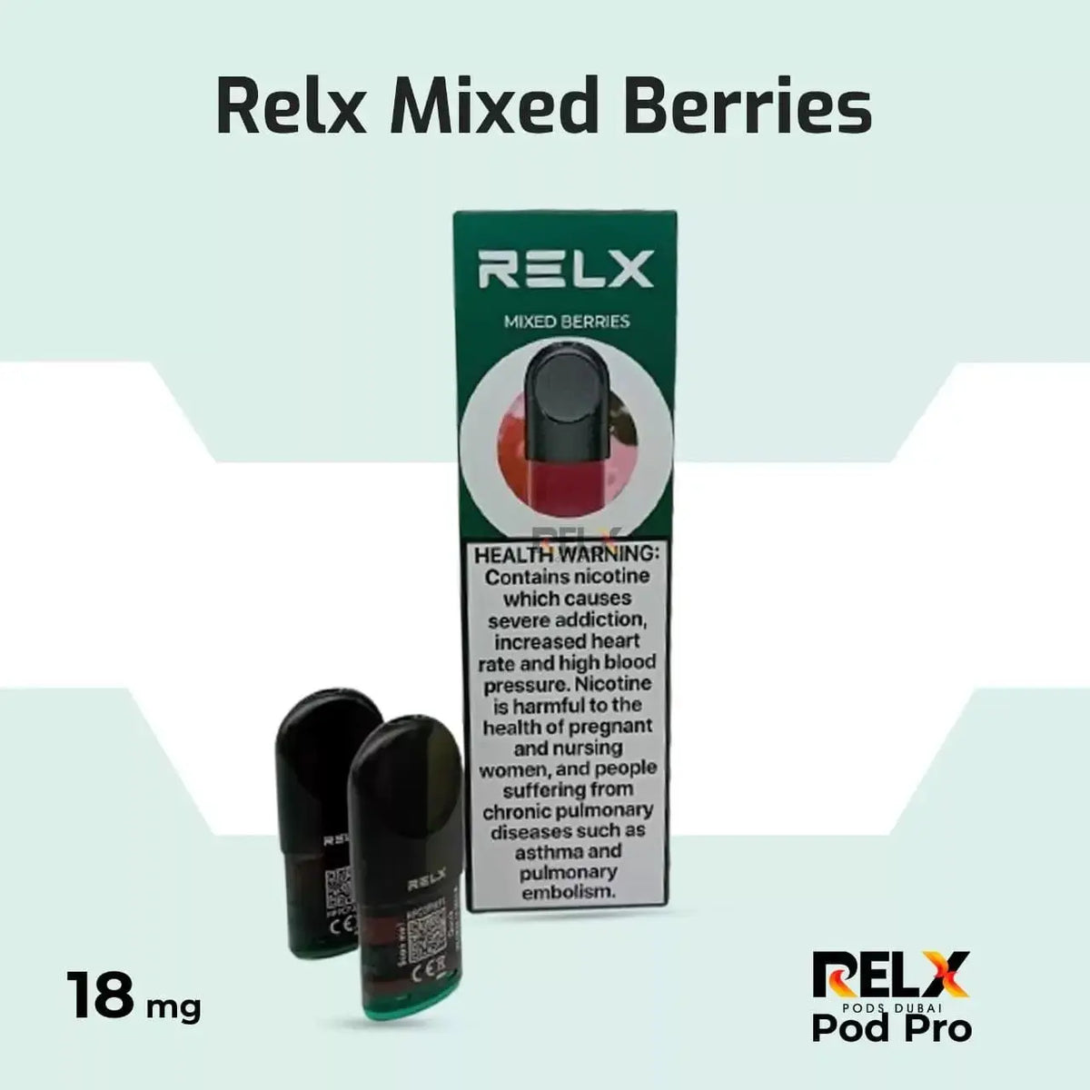 Relx Mixed Berries vape pod packaging with two black vape pods on a light blue background. ORDER NOW AND GET FREE DELIVERY!