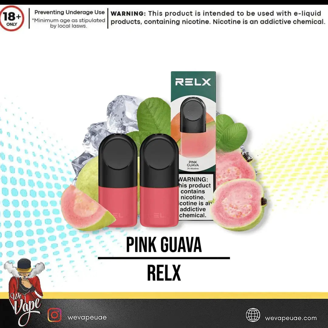 RELX Pink Guava vape devices with packaging on a colorful background. ORDER NOW AND GET FREE DELIVERY!