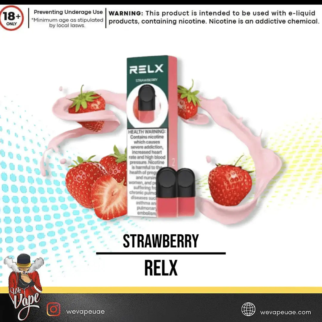 RELX strawberry vape device packaging with strawberries and branding elements. ORDER NOW AND GET FREE DELIVERY.