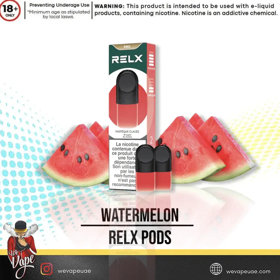 Watermelon-flavored RELX vape pods with packaging on a colorful background. ORDER NOW AND GET FREE DELIVERY!