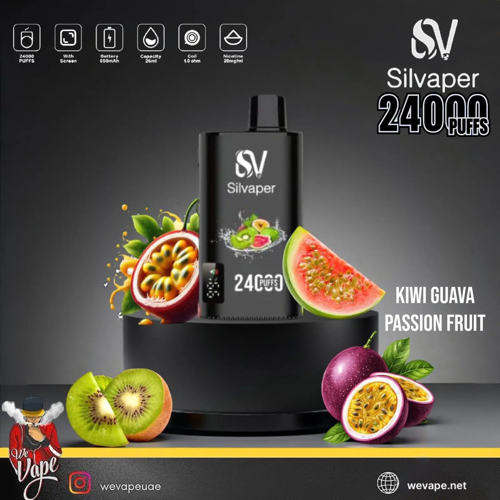 Silvaper vape device with fruit graphics and sv branding on a dark background