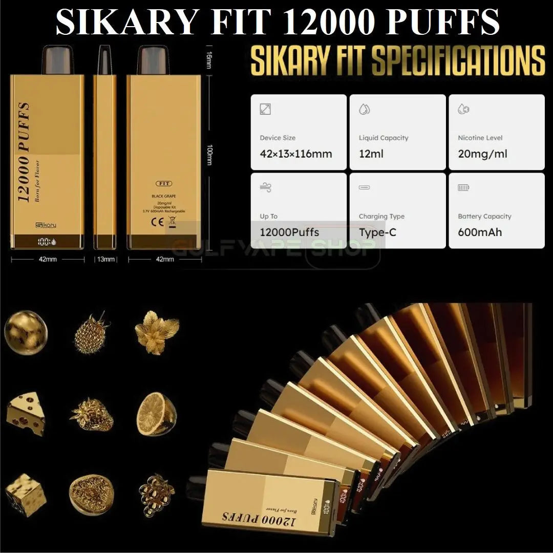 Sikary Fit vape device packaging with specifications on a black background