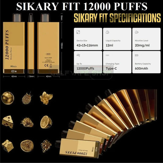 Sikary Fit vape device packaging with specifications on a black background