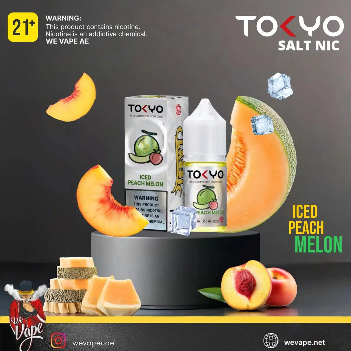 TOKYO Salt Nic product with peach and melon slices on a dark background