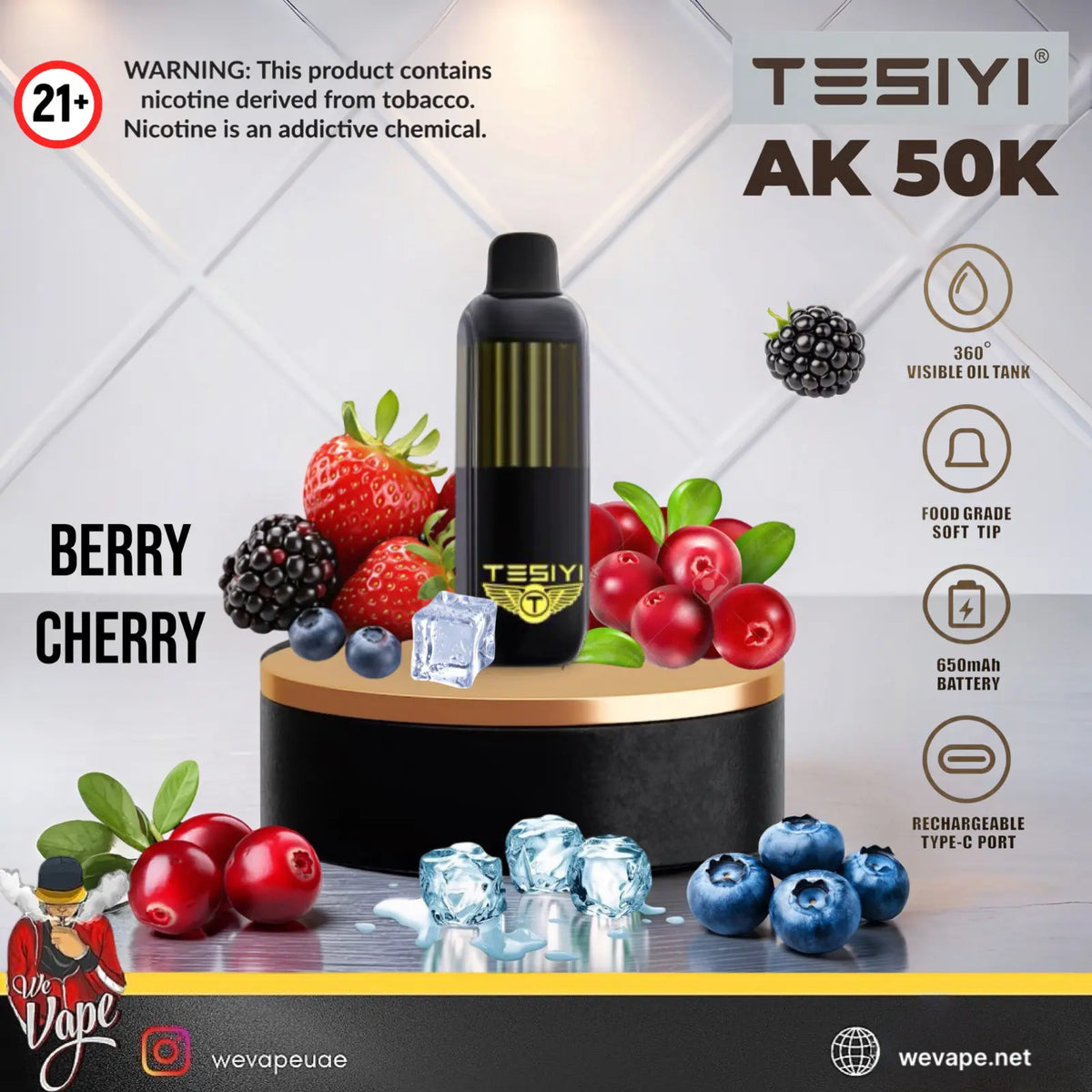 TESIYI AK 50K disposable vape device in Berry Cherry flavor, displayed on a black and gold pedestal surrounded by fresh berries and ice cubes. 