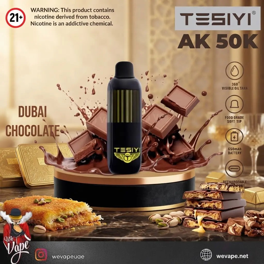 A black TESIYI AK 50K disposable vape device with a gold logo, displayed on a gold and black pedestal with chocolate splashes and chocolate bars in the background. 