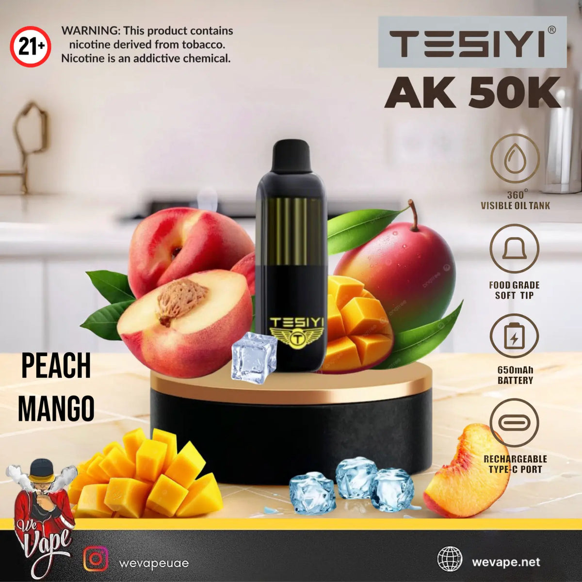 A promotional product graphic for a TESIYI AK 50K disposable vape device in Peach Mango flavor. The black vape device with gold accents is displayed on a black and gold pedestal, surrounded by fresh peach and mango fruits, sliced peaches, and ice cubes.