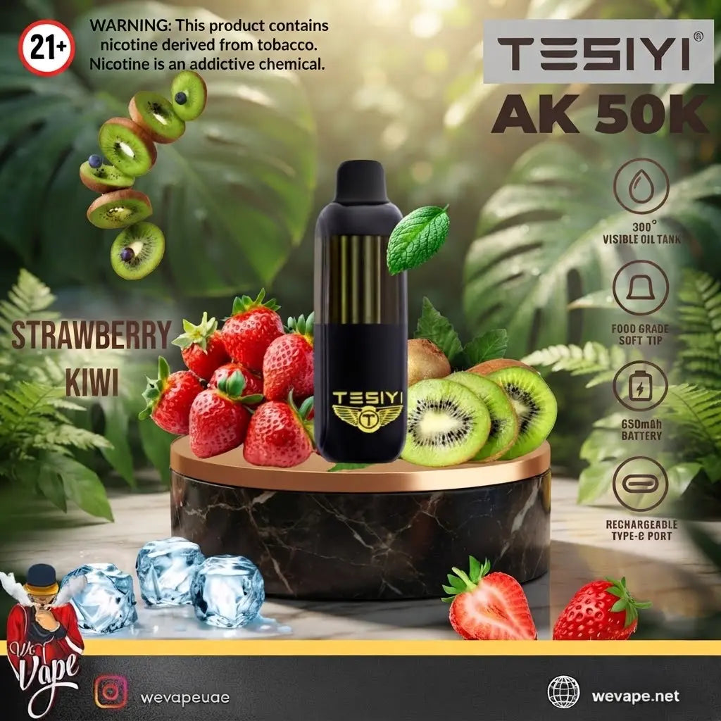A TESIYI AK 50K disposable vape device in black with gold accents, displayed on a marble pedestal surrounded by fresh strawberries, kiwi slices, and ice cubes, with a lush green tropical background and product feature icons on the right.
