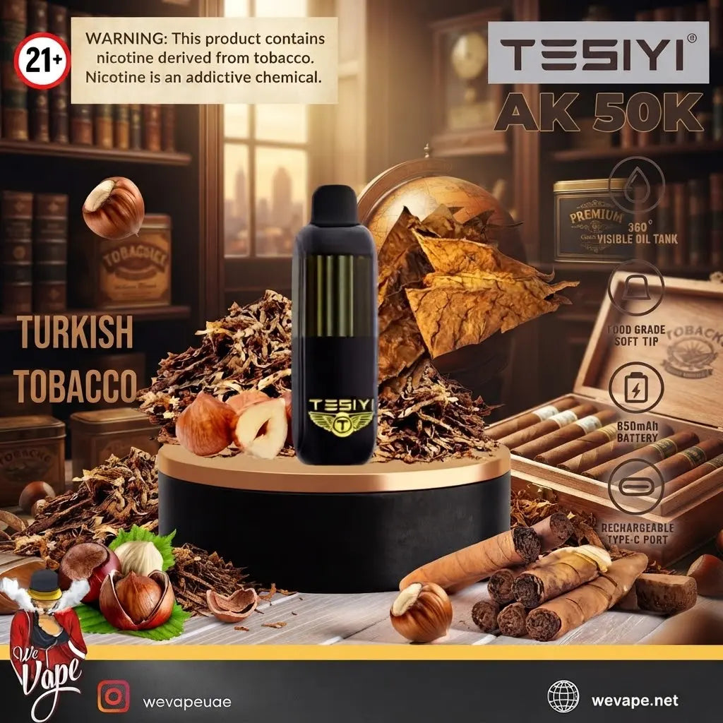 A black TESIYI AK 50K disposable vape device displayed on a round pedestal, surrounded by Turkish tobacco leaves, cigars, hazelnuts, and a cigar box in a warm, rustic library setting. 