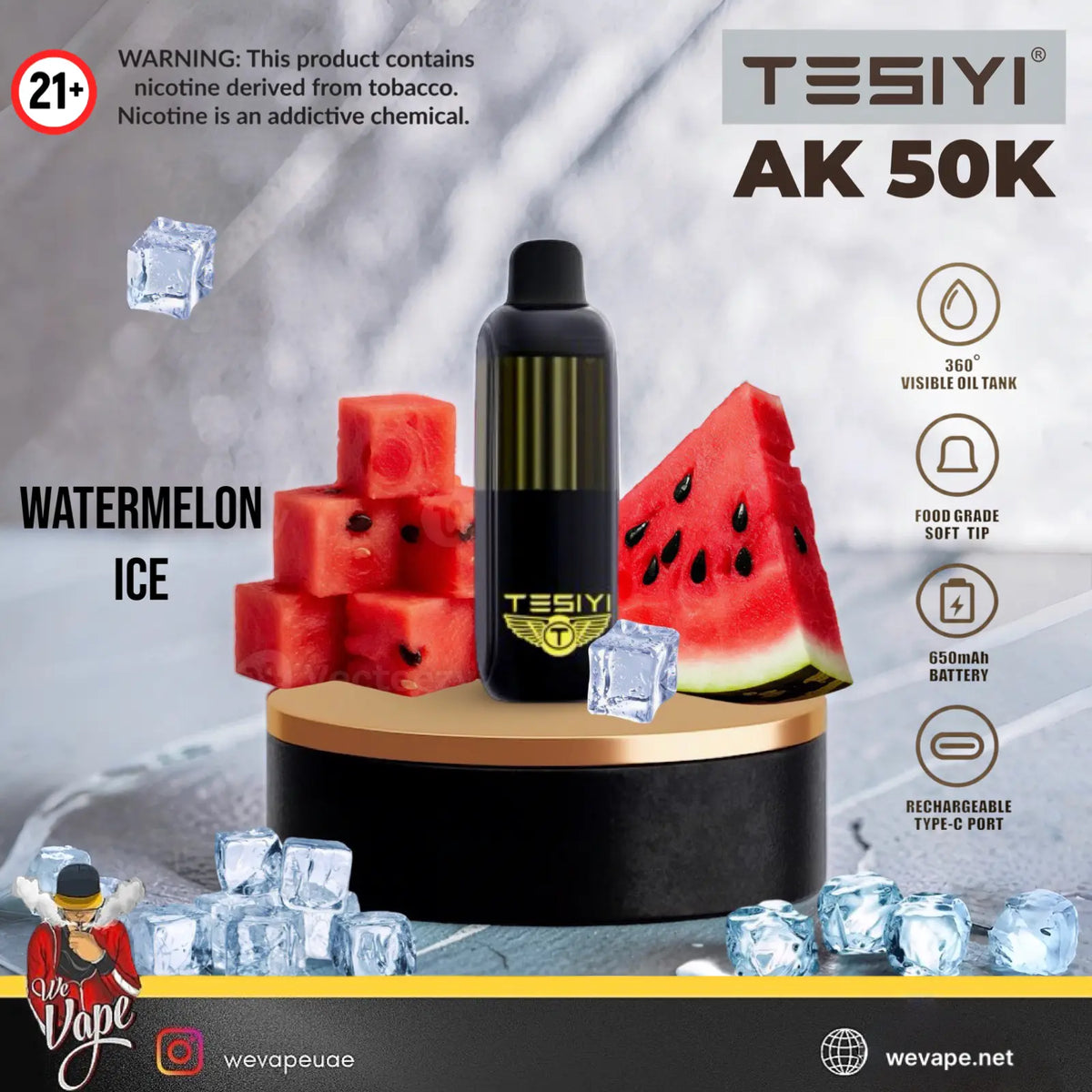 A promotional product shot of a TESIYI AK 50K disposable vape device in Watermelon Ice flavor, displayed on a gold and black rotating platform with watermelon slices and ice cubes. 