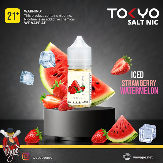 TOKYO SALT NIC ICED STRAWBERRY WATERMELON vape juice bottle with fruit graphics on a dark background. Order Now!