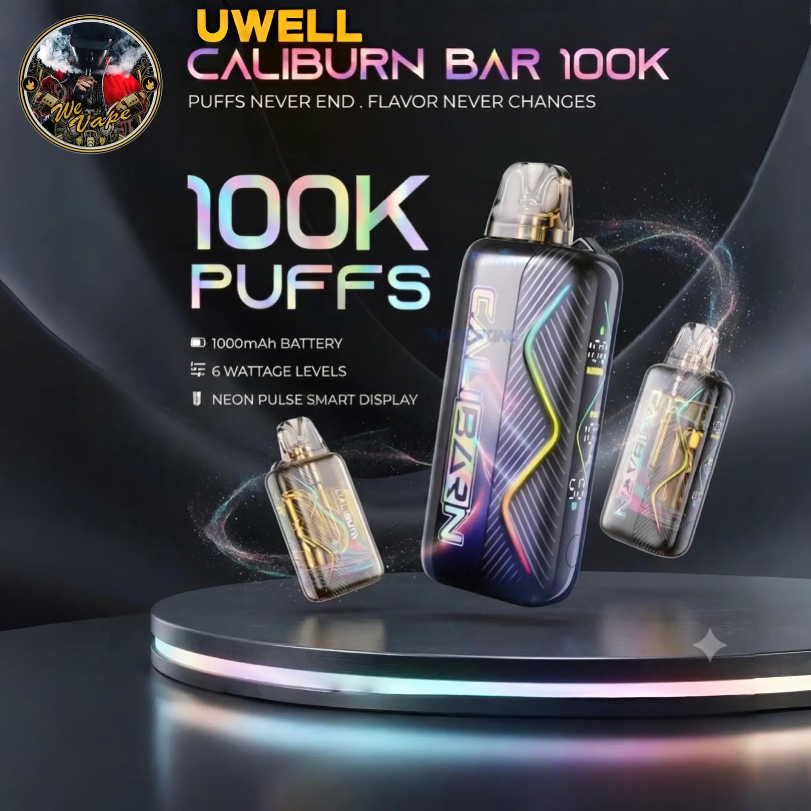Uwell Caliburn Bar 100K disposable vape device shown on a dark promotional background with text highlighting 100K puffs, 1000mAh battery, 6 wattage levels, and neon pulse smart display. The main device is centered on a glowing circular platform, with two smaller angled views of the same device around it. Order Now and get FREE DELIVERY and DISCOUNTS.
