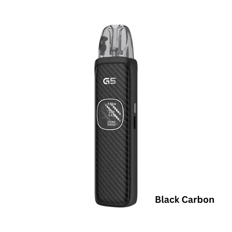 Black carbon vape device with 'G5' branding on a white background