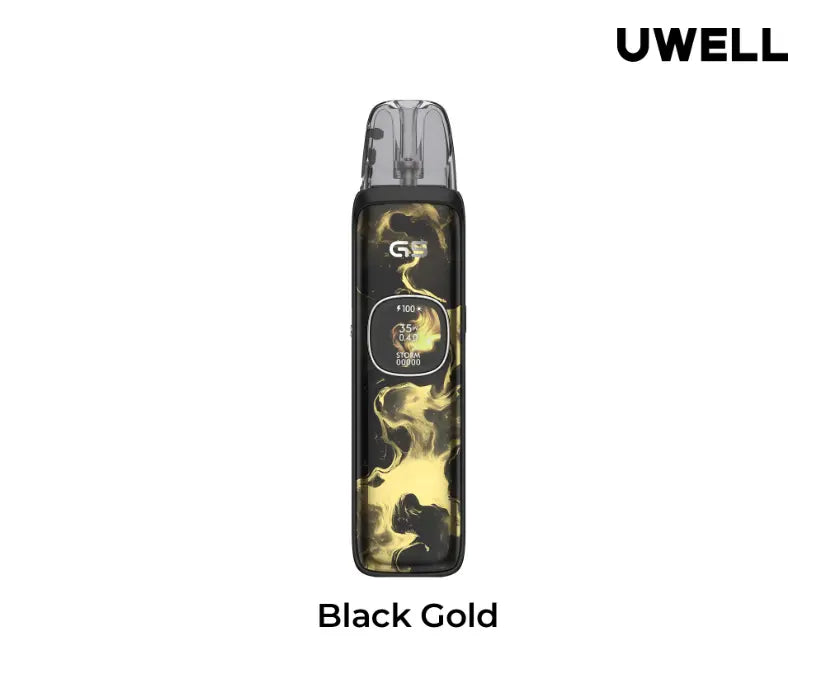 Uwell vape device with black and gold design on a white background