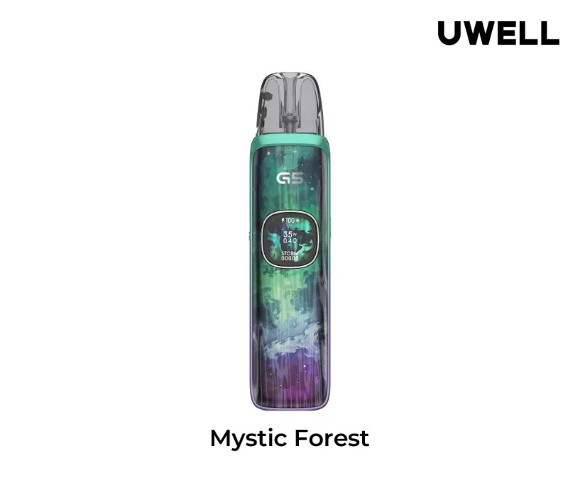 UWELL GS vape device with 'Mystic Forest' design on a white background