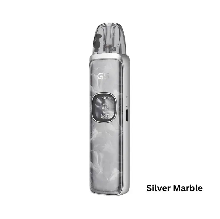 Silver marble-patterned electronic device on a white background