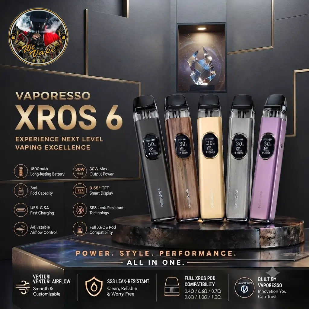 Five Vaporesso XROS 6 pod systems displayed on a dark pedestal against a dark graphic background. The devices come in black, wood grain, champagne, silver, and purple colors, with feature callouts and branding text around them. Order Now and get Discount.
