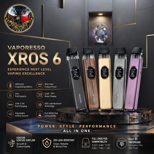 Five Vaporesso XROS 6 pod systems displayed on a dark pedestal against a dark graphic background. The devices come in black, wood grain, champagne, silver, and purple colors, with feature callouts and branding text around them. Order Now and get Discount.
