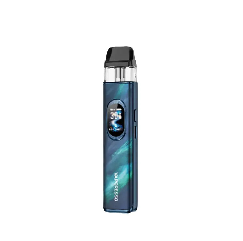 A Vaporesso vape device with a dark blue and teal marbled pattern, featuring a digital display screen on the front and a black mouthpiece, shown against a plain white background. Order Now and get Free Delivery. 