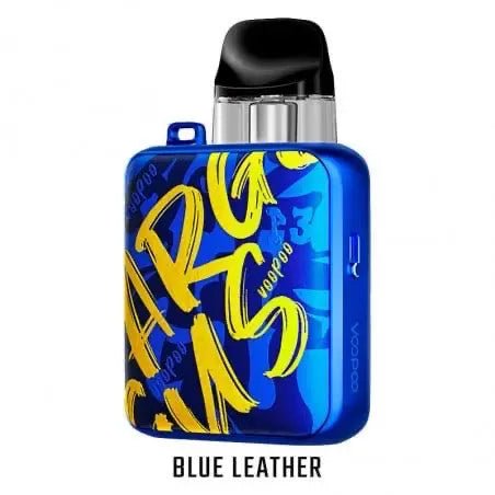 Blue leather vape device with yellow text on a white background