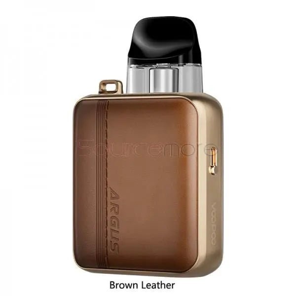 Vaping device with brown leather case and visible branding on a white background