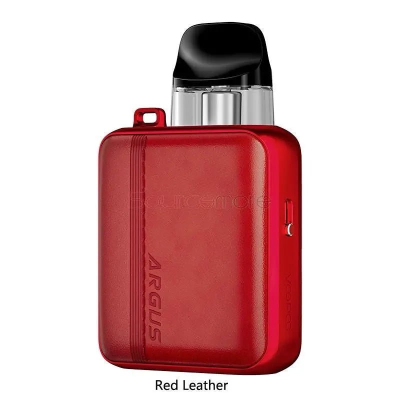 Red leather case with a black and silver device on a white background