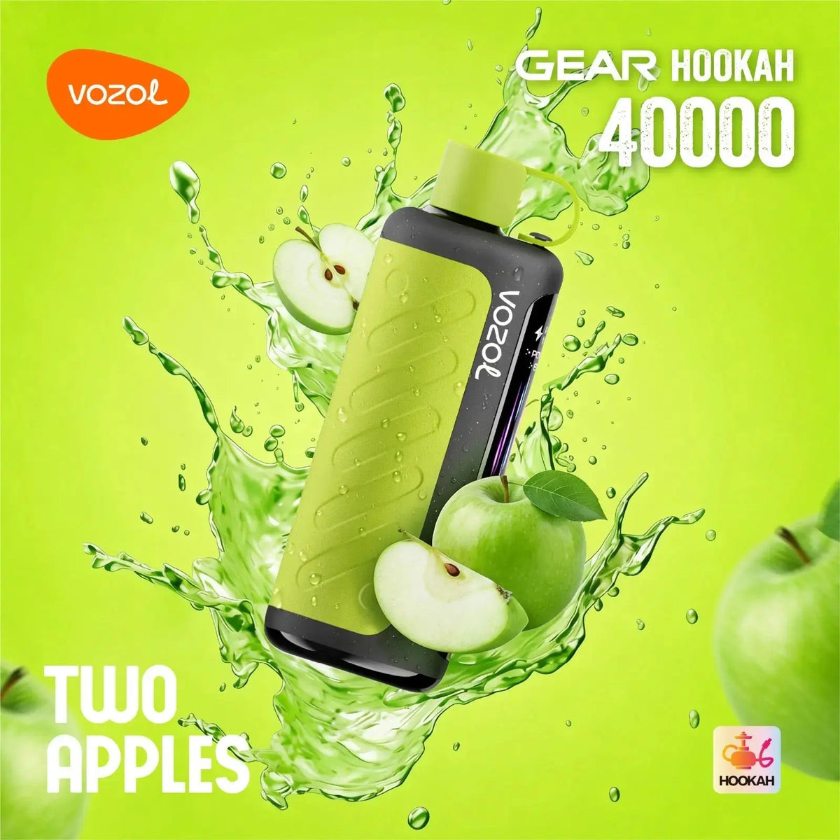 VOZOL Gear Hookah 40000 with green apples and water splashes on a bright green background. ORDER NOW AND GET 20% OFF / wevape.net