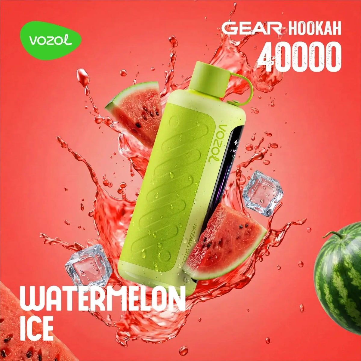 Green VOZOL vape device with watermelon slices and ice cubes on a red background. ORDER NOW AND GET 20% OFF / wevape.net