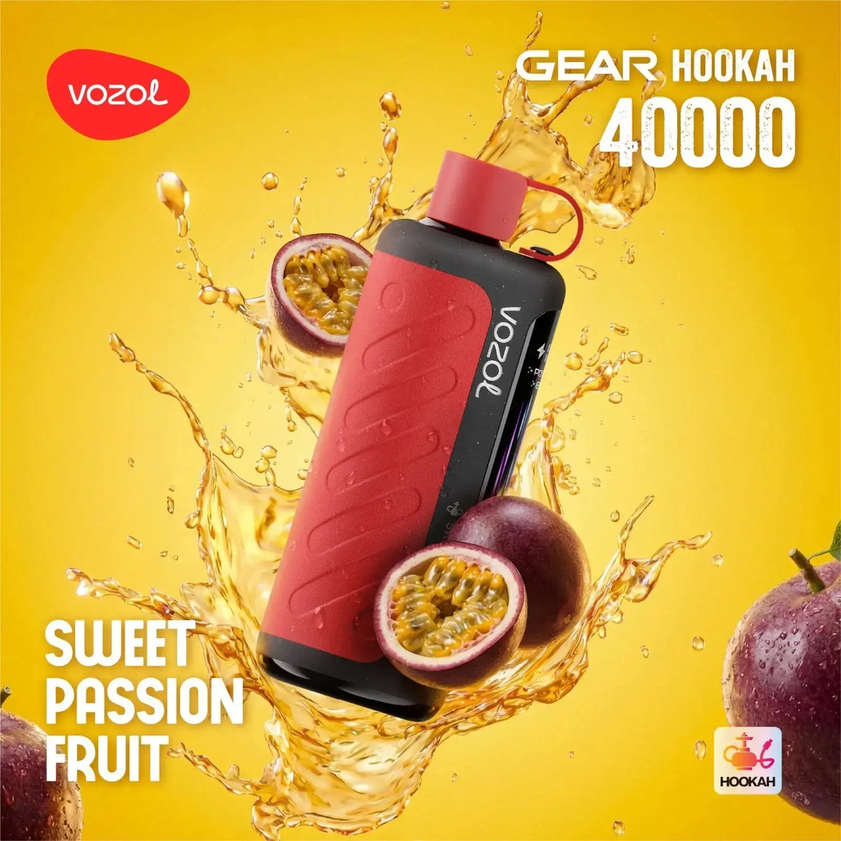 VOZOL Gear Hookah 40000 with passion fruit on a yellow background. ORDER NOW AND GET 20% OFF / wevape.net