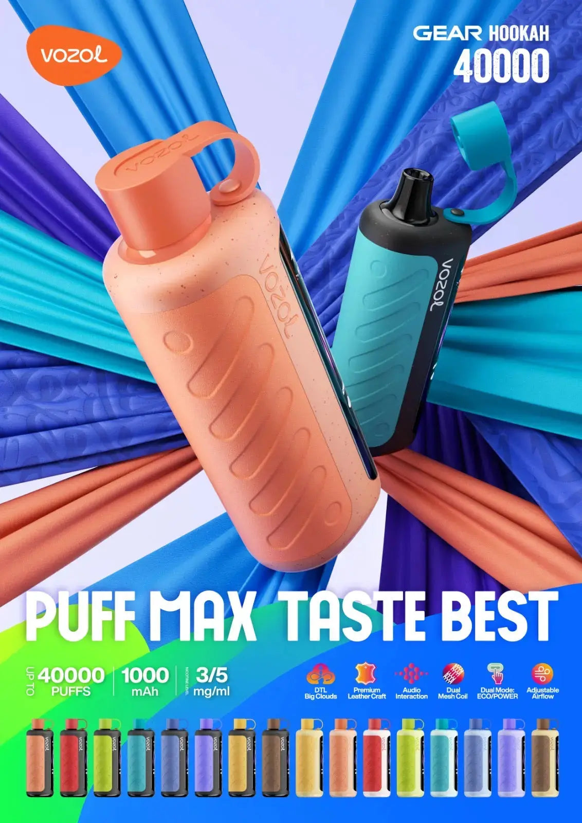 VOZOL vaping device with colorful hoses and product features on a vibrant background. ORDER NOW AND GET 20% OFF / wevape.net