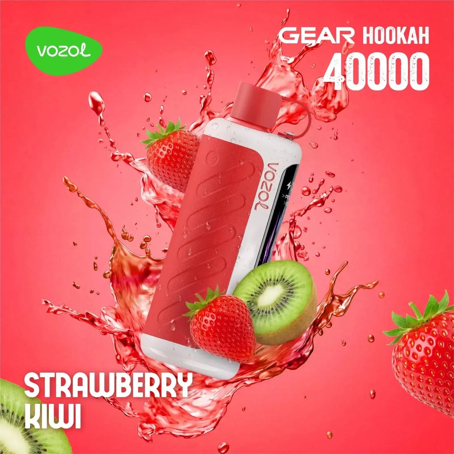 VOZOL Gear Hookah 40000 with strawberry and kiwi on a red background. ORDER NOW AND GET 20% OFF / wevape.net