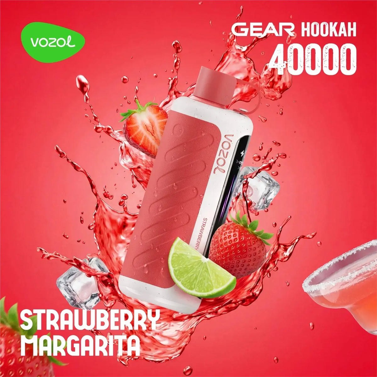 VOZOL Gear Hookah 40000 Strawberry Margarita flavor product on a red background with strawberries and lime. ORDER NOW AND GET 20% OFF / wevape.net