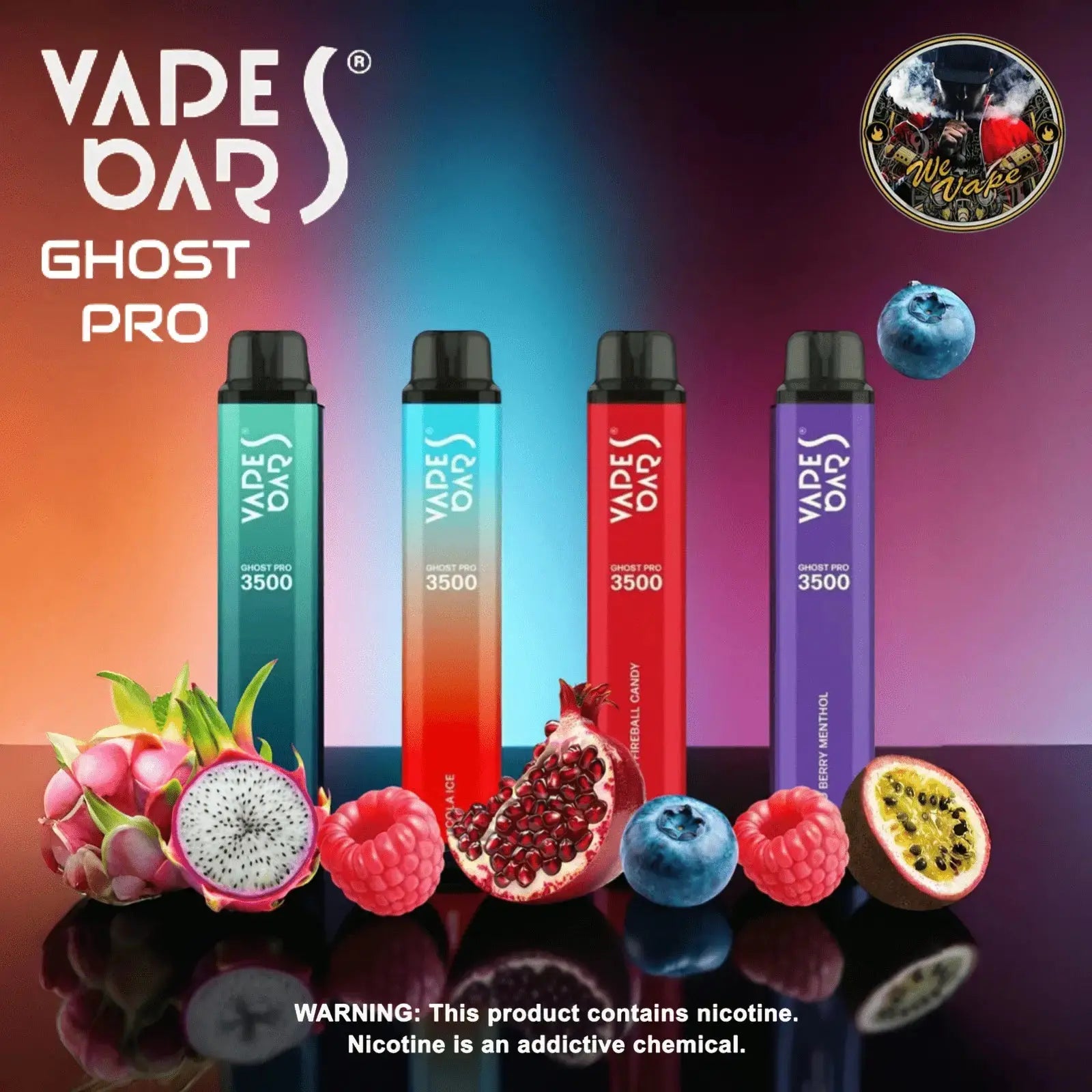 Vapes Bar Ghost Pro vape devices with colorful packaging and fruit graphics on a gradient background. Order Now and avail our 20% OFF!