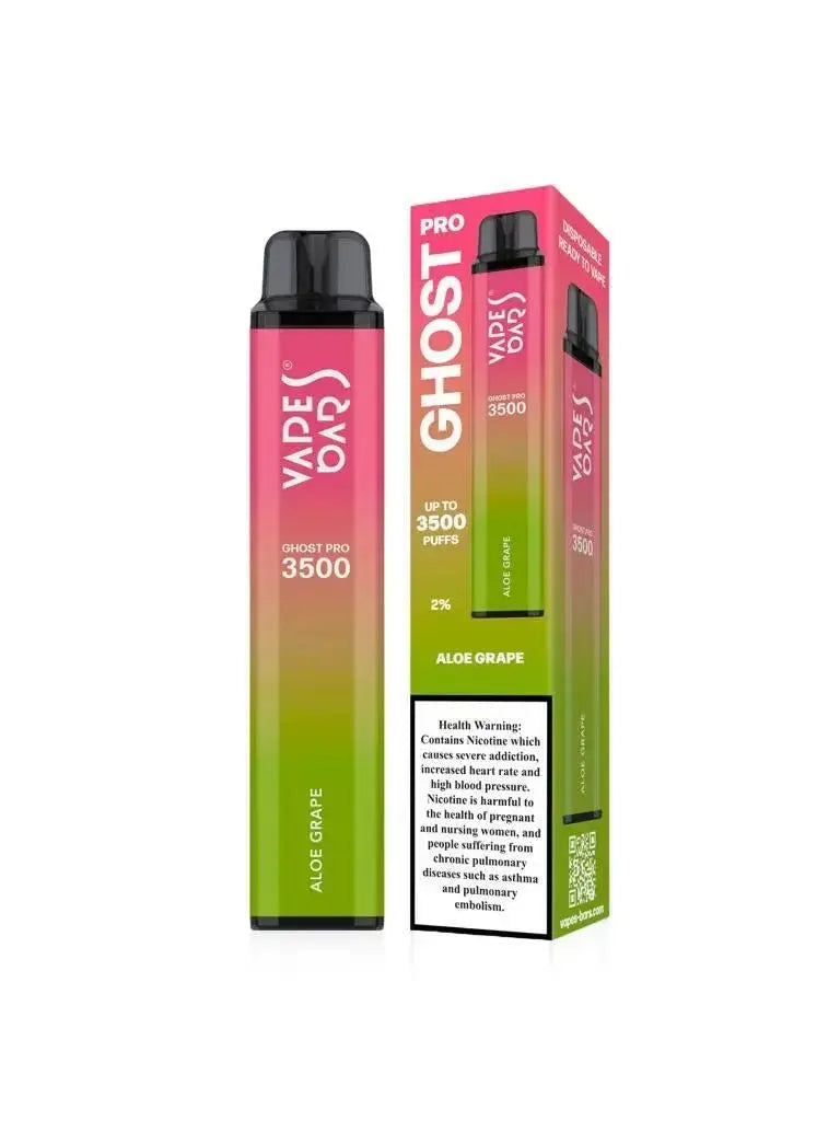 Vape device and packaging with 'Ghost Pro' branding on a white background, Aloe Grape Flavor. ORDER NOW AND AVAIL OUR FREE DELIVERY PROMO!