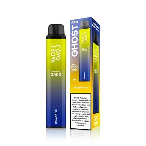 Vape device and packaging with 'Ghost Pro' branding on a white background, Banana Ice Flavor. Order Now and avail our 20% OFF! 