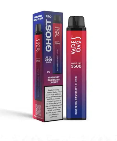 Ghost Pro disposable vape device with packaging on a white background. Blueberry Raspberry Cherry Flavor. Order Now and avail 20% Discount!