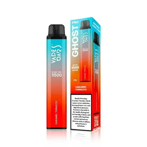 Vape device and packaging with 'Ghost Pro' branding on a white background, Caramel Tobacco Flavor. Order Now and avail our 20% Discount.