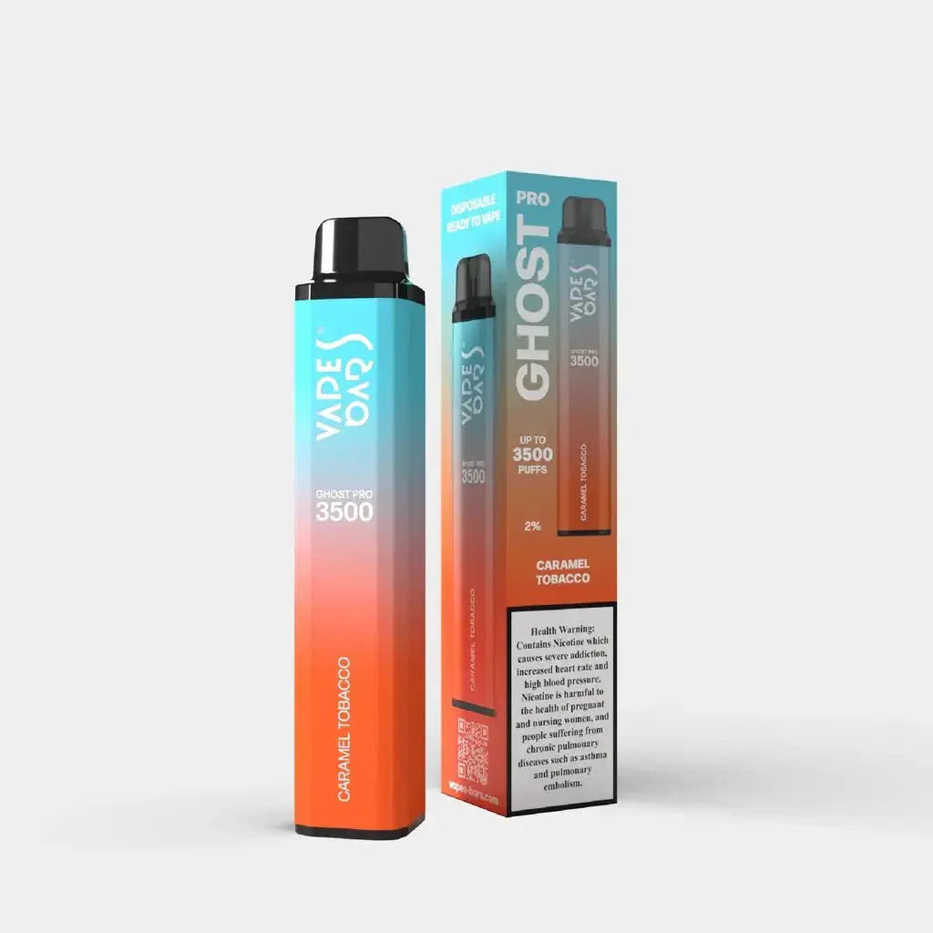 Vape device and packaging with 'Ghost Pro' branding on a white background, Caramel Tobacco Flavor, ORDER NOW AND AVAIL FREE DELIVERY PROMO!