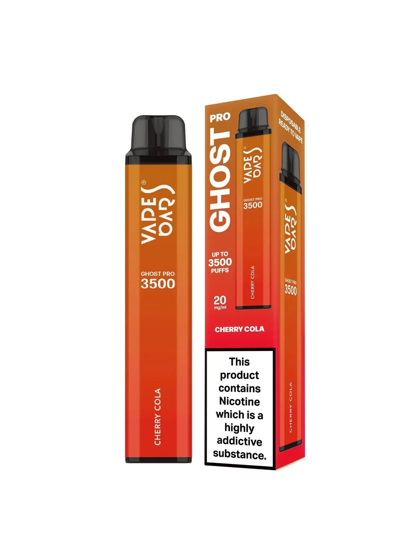 Vape device and packaging with 'Ghost Pro' branding on a white background, Cherry Cola Flavor. ORDER NOW AND AVAIL OUR 20% DISCOUNT