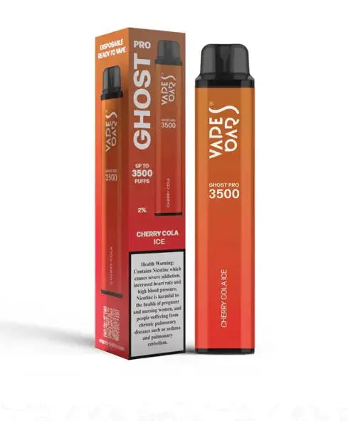Ghost disposable vape device and packaging on a white background, Cherry Cola Ice Flavor. Order Now and avail our 20% Discount!