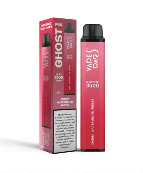 Red vape device with packaging labeled 'Ghost Pro' on a white background, Cherry Watermelon Freeze. Order Now and avail our 20% Discount!