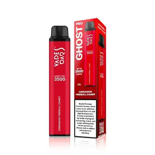 Red vape device and packaging with 'Ghost Pro' branding on a white background, Cinnamon Fireball Candy Flavor Order now and avail our 20% Discount!