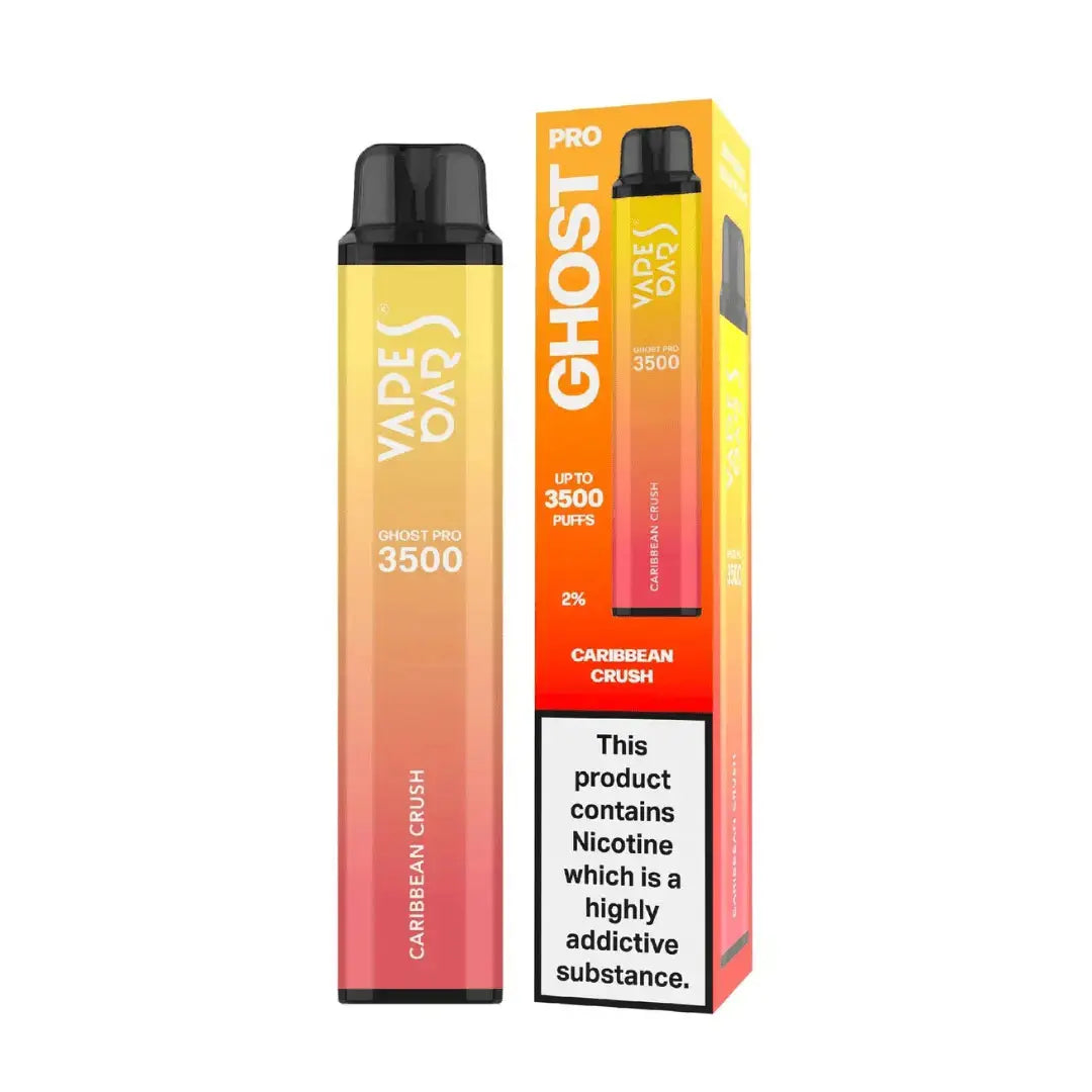 Ghost Pro vape device and packaging with gradient design on a white background, Caribbean Crush Flavor. Order now and avail Free Delivery!