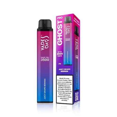 Vape device and packaging with 'Ghost Pro' branding on a white background, Juice Grape Berries Flavor. Order now and avail our 20% Discount!