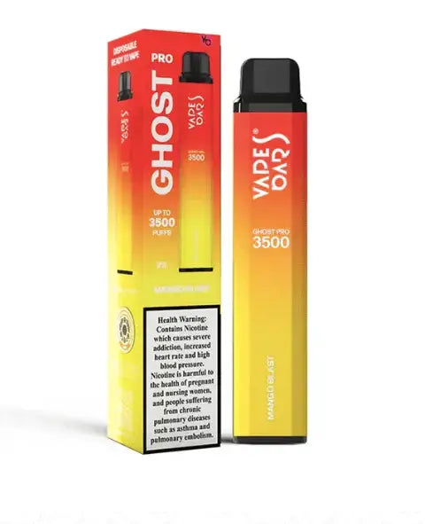 Vape device with red and yellow gradient packaging next to its box on a white background, Mango Blast Flavor. Order now and avail our 20% Discount!