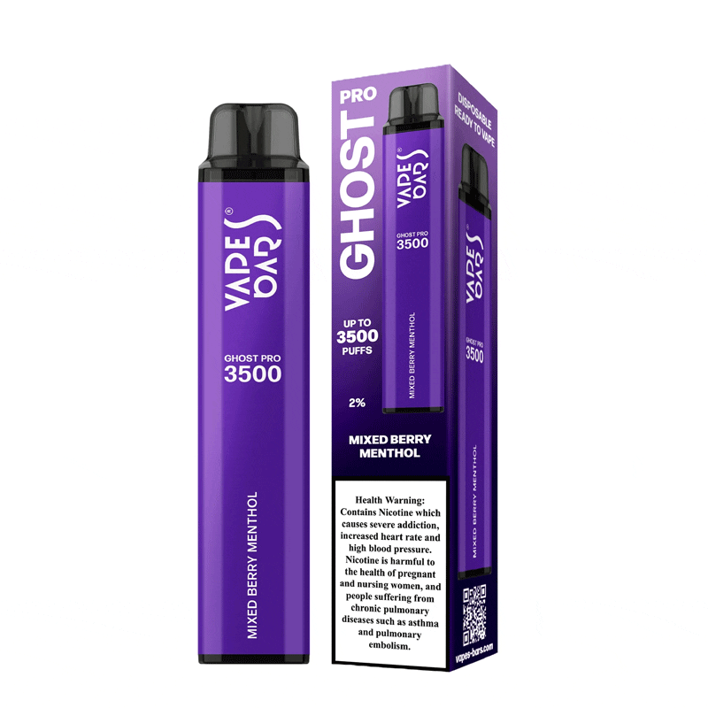 Vape Bars Ghost Pro Mixed Berry Menthol Disposable Vape with purple packaging and device in white background. ORDER NOW AND AVAIL OUR FREE DELIVERY PROMO OFFER!