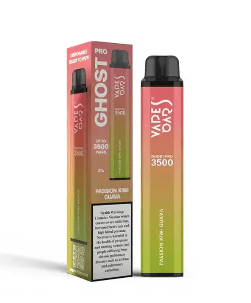 Vape device and packaging with 'Ghost' branding on a white background, In Passion Kiwi Guava Flavor. Order Now and avail our 20% Discount!