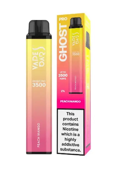 Ghost Pro vape device and packaging with gradient design on a white background, Peach Mango Flavor. ORDER NOW AND AVAIL OUR 20% DISCOUNT!